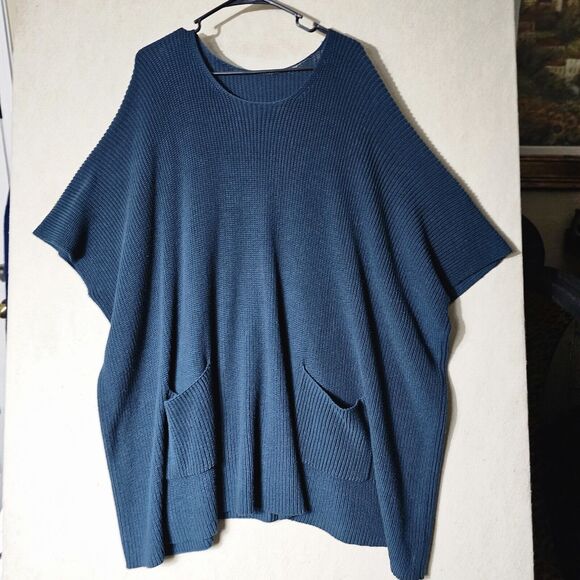 Cabi Flex Poncho Sweater Teal Size M/L Knit Pockets Batwings Oversized Stretchy - Picture 8 of 9